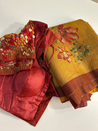 Mustard Gold Tussar pure silk saree embroidered blouse with pure handloom saree Handloom silk Tussar with embroidery silk blouses zari borders and fine checks Partywear bridesmaids