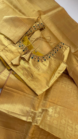Gold Tissue Brocade Pure silk pattumuhurtam saree pure zari Kanjivaram silk saree with prestitched blouse embroidered blouse