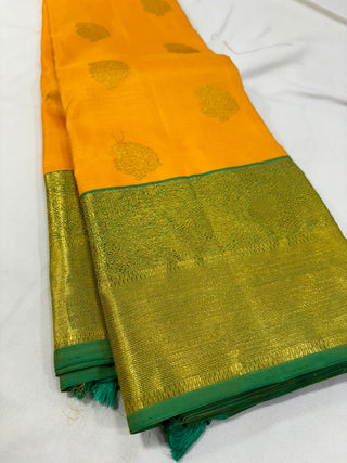 Handloom Pure kanchi Yellow vairaoosi pure zari kanjivaram silk saree blouse and pallu indian wedding silk saree online usa