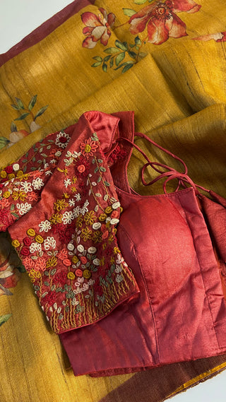 Mustard Gold Tussar pure silk saree embroidered blouse with pure handloom saree Handloom silk Tussar with embroidery silk blouses zari borders and fine checks Partywear bridesmaids