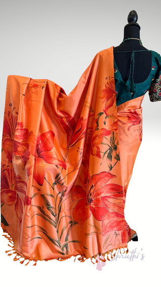 Pure Soft Silk kanjivaram Saree  Orange Printed silk saree with embroidered Tussarsilk  Stitched Blouse Indian Saree Online USA Ready to Ship Saree Online USA Easy Drape