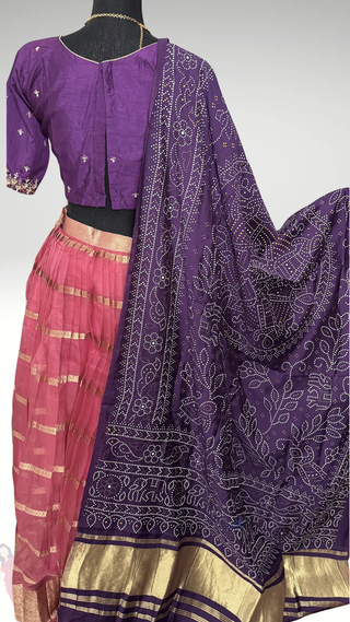 Pureorganza  silk Pavadai Langa pure Gajji silk dupatta Dhavani  pavadai lehenga with stitched maggam blouse online USA