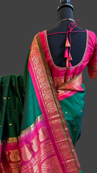 Bottle Green Gadwal silk saree with pink zari with embroidered blouse