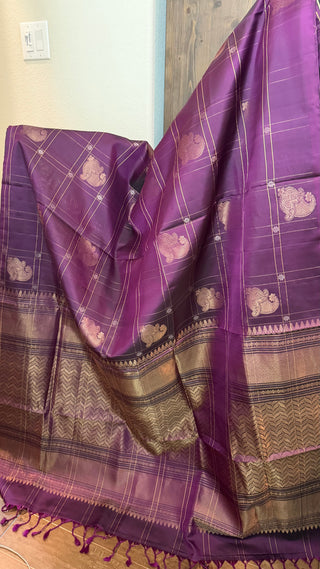Pure Soft Silk Saree Purple checks silk saree with embroidered  Stitched Blouse Indian Saree Online USA Ready to Ship Saree Online USA Easy Drape