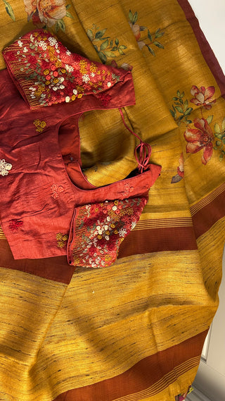 Mustard Gold Tussar pure silk saree embroidered blouse with pure handloom saree Handloom silk Tussar with embroidery silk blouses zari borders and fine checks Partywear bridesmaids