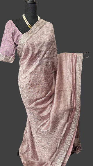 Lavender tissue crushed silk saree with embroidered blouse easy drape online shopping usa
