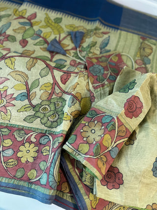Pure pen kalamkari green pure kanchi pattu saree  yellow pen kalamkari saree with blouse online usa