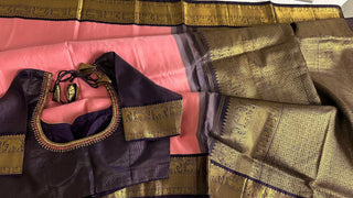 Salmon pink vaira oosi kanchi pattu saree fine weave kanchi pattu bridal