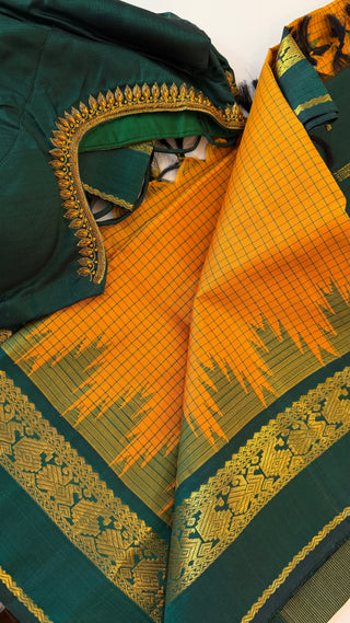 Bottle green yellow kanjivaram silk saree blouse embroidered blouse