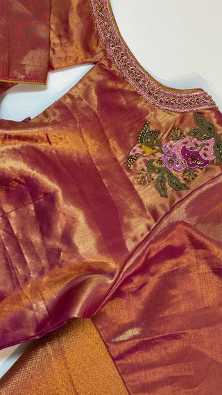 Kanjivaram rose gold silk saree bridal with prestitched hand embroidered blouse jyothika saree