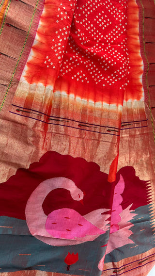 Orange Bandhani  Paithani silk saree online usa paithani sarees usa comes with stitched blouse