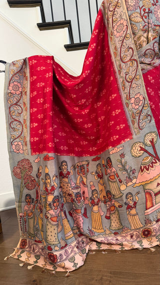 Pure pen kalamkari pure Handloom ikat silk pattu saree  Red pen kalamkari saree with blouse online usa Hand painted