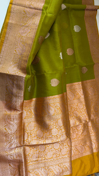 Pure organza beneras silk saree parrot green gold borders with stitched blouse