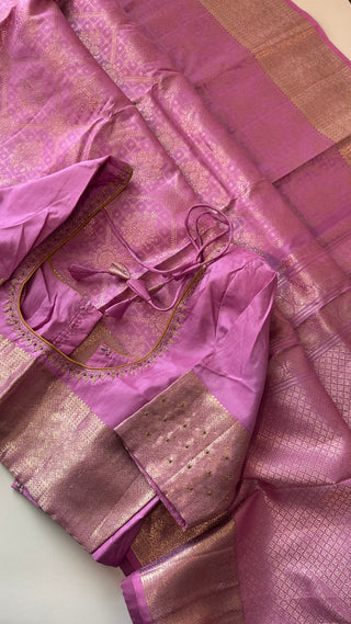 Brocade kanjivaram pastel lavender gold zari with stitched blouse traditional kanchi pattusaree saree Indian wedding