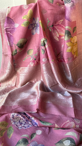Lotus Pink Tussar Beneras Floral printed Katan saree with prestitched blouse