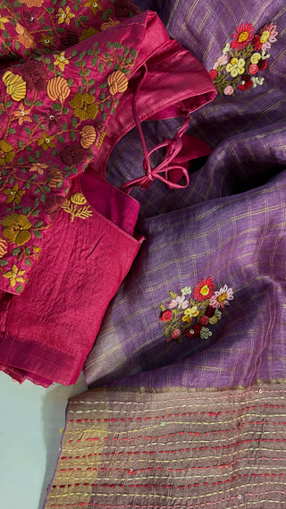 Violet Linen saree Handloom Linen with embroidery silk blouses zari borders and fine checks Partywear bridesmaids