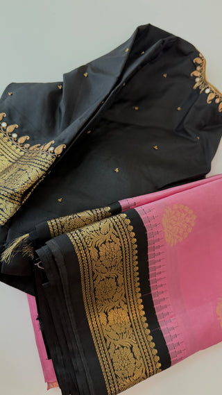 Pure Kanjivaram Handloom pure silk Pink black Handloom silk saree pure zari  Muhurtam Wedding Saree with ready to wear ship Blouse Online USA