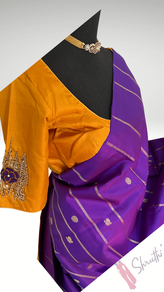 Borderless Handloom silk Pure Purple gold kanchi pattu saree with embroidered blouse