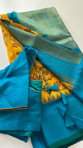 Pen Kalamkari Kanchi pattu yellow saree with gold pallu easy drape pure silk saree usa