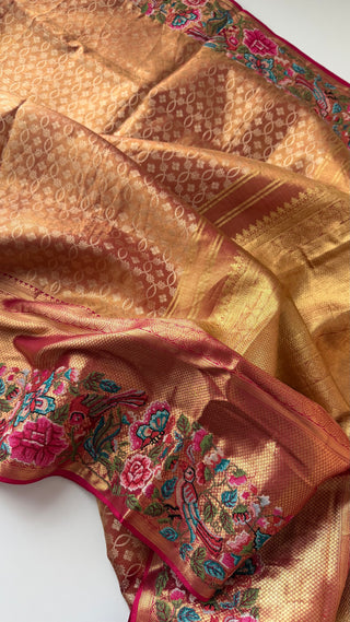 Kalyana pattu wedding Handloom  Kanjivaram Gold Tissue  Brocade embroidery sareePure silk pattumuhurtam saree  Kanjivaram silk saree with prestitched blouse.