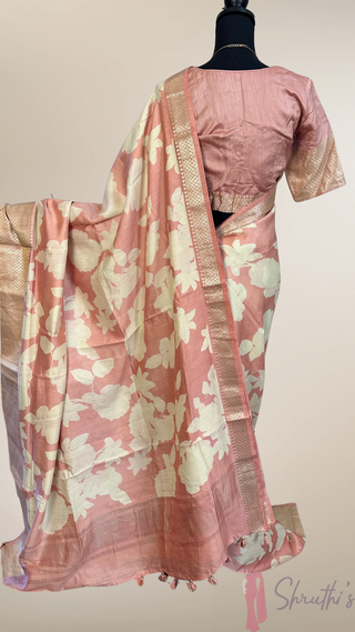 Pastel Light Peach  floral chinya blue  silk sarees with stitched blouse