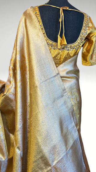 Pure Gold tissue Kanchi Kora Pure zari silk saree with stitched  blouse online shopping usa