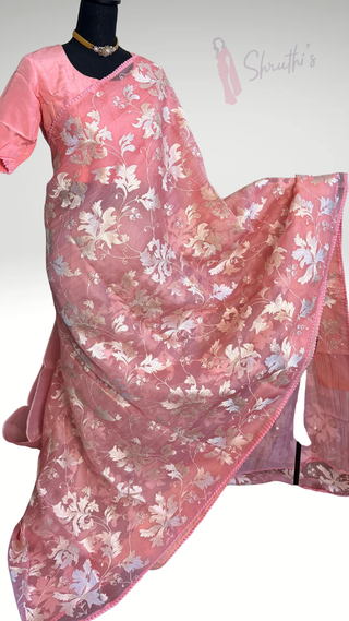 Pastel Pink Organza Silk Saree with Silver Floral Embroidery – Lightweight Party Wear Saree Online USA, Ready to Wear with Matching Blouse