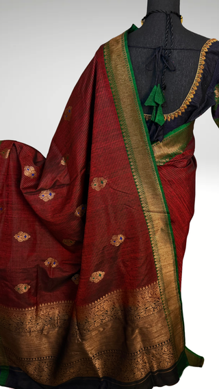 Pure Handloom Maroon Tussar Beneras Katan saree with prestitched blouse