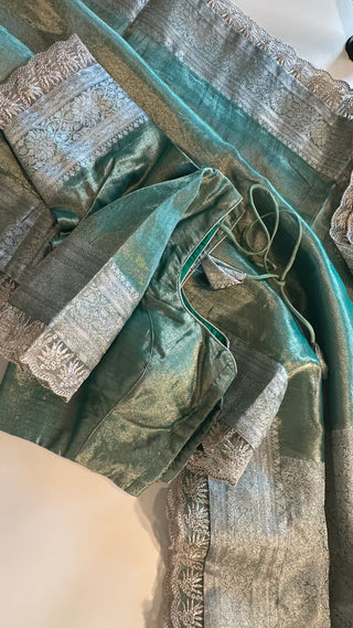 Green Pure Double Tissue katan silver Organza  silk saree with blouse online shopping usa