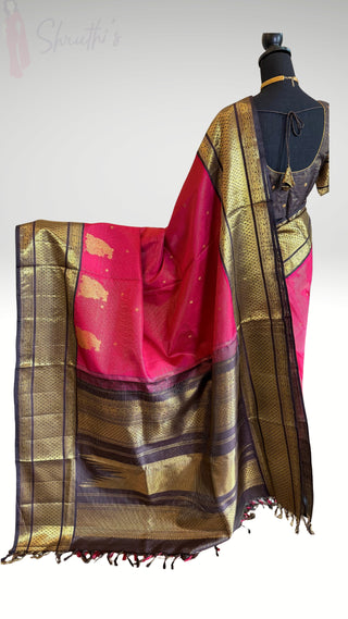 Bridal Vairaoosi butta  kanjivaram Pinkish Red to coffee brown silk saree with stitched Indian wedding muhurtam silk bridal blouse online shopping usa Diwali