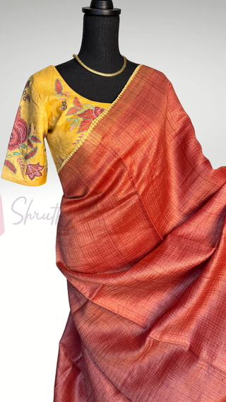 Salmon pink saree Handloom silk Tussar with embroidery silk blouses zari borders and fine checks Partywear bridesmaids