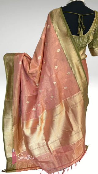Handwoven Banaras tissue silk saree with zari border – peach designer saree for parties and receptions