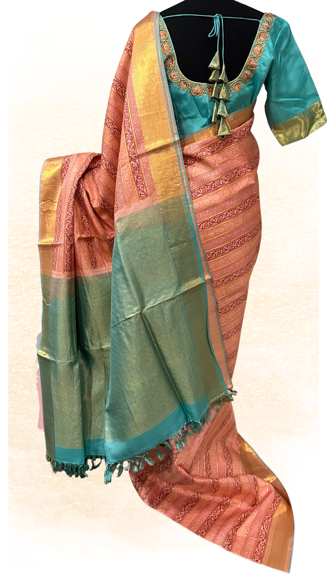 Premium Kanchipuram silk saree with pre-stitched blouse for weddings and festivals
