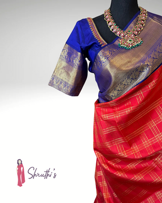 Model Wearing Red Kanjivaram Pattu Saree with Pre-Stitched Embroidered Blouse – Bridal Look for South Indian Wedding