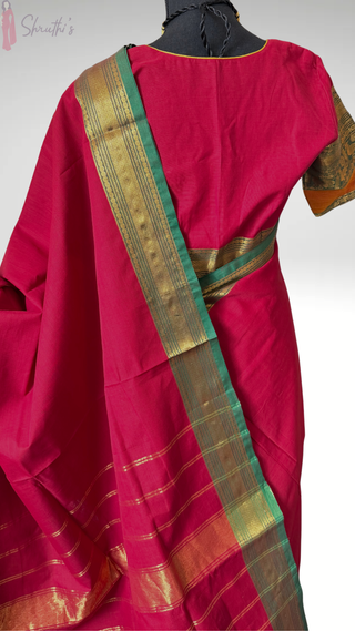 red kanchi cotton saree gold zari border stitched blouse wedding reception mehendi wear