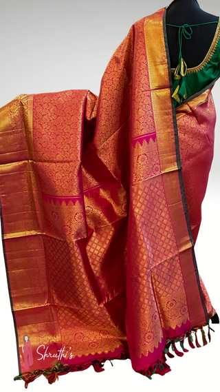 Bridal Kanjivaram saree with stitched padded blouse in green with embroidery