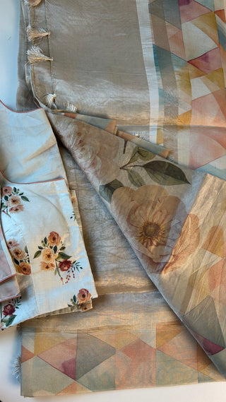 Floral print organza tissue silk saree with elegant stitched blouse lined for comfort