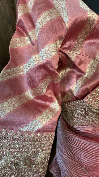 Soft crushed tissue silk saree with lined stitched blouse ready to wear