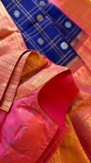 Pure Gadwal silk checks  saree pure zari  dark blue to pink gold zari silk saree