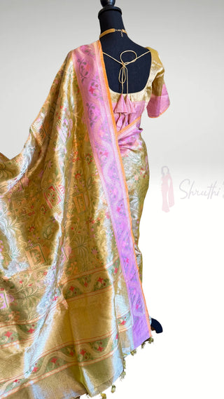 Pure Jamdhani gold tissue silk  Handloom silk saree silk saree bandhej pallu Partywear Diwali online shopping with prestitched blouse