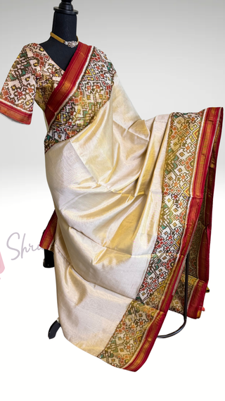 Pure Patola Silk Tissue Saree cream ikat blouse stitched blouse Partywear pooja wear ready to ship Saree USA altered to fit