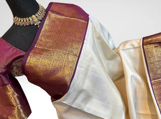 Ven pattu saree White Cream and purple pure zari kanjivaram silk saree with prestitched blouse embroidered blouse