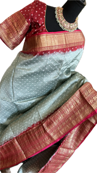 Bandhini Silk Saree zari borders Withstitched  Blouse