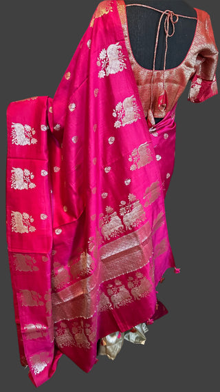 Magenta Chinya silk with Gold zari with stitched blouses