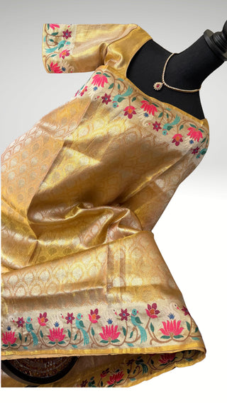 Handloom  Kora Kanjivaram Gold tissue saree  Embroidered borders pallu online shopping with prestitched blouse usa