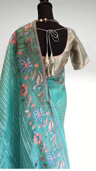 Pastel  Turquoise Organza Silk silver zari Saree with Silver Floral Embroidery – Lightweight Party Wear Saree Online USA, Ready to Wear with beneras brocade silk  Blouse Diwali festive bridesmaids Indian wedding