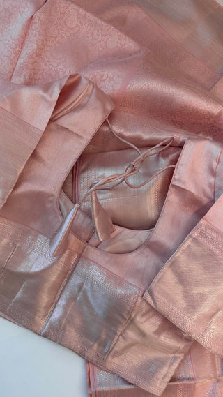 Pastel Pink Brocade kanjivaram silver zari with stitched blouse.