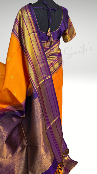 Apricot to Indigo Border Pure Kanjivaram Silk saree with stitched blouse ready to wear latest Diwali navarathri collection online USA