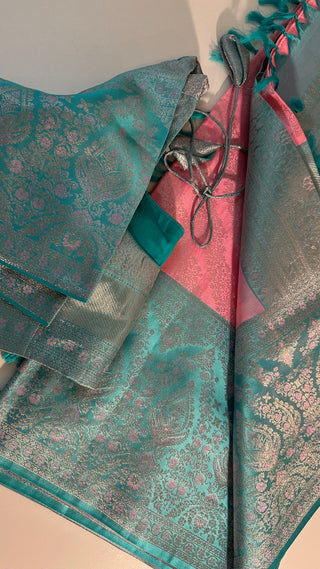 Pink Meenkari pure silk saree silver zari online usa with stitched blouse