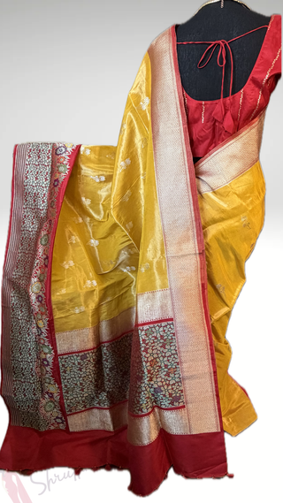 Banaras Pure yellow Tissue Silk Saree with silver  Zari Border – Ready to Wear Online USA